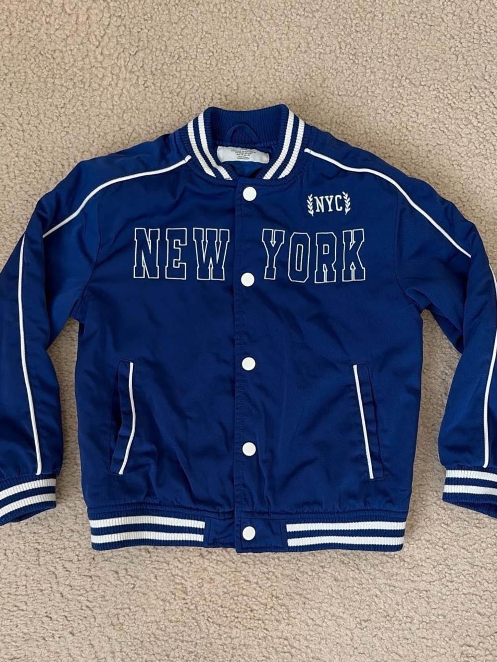 H&M KIDS BRIGHT BLUE NYC PADDED BASEBALL JACKET